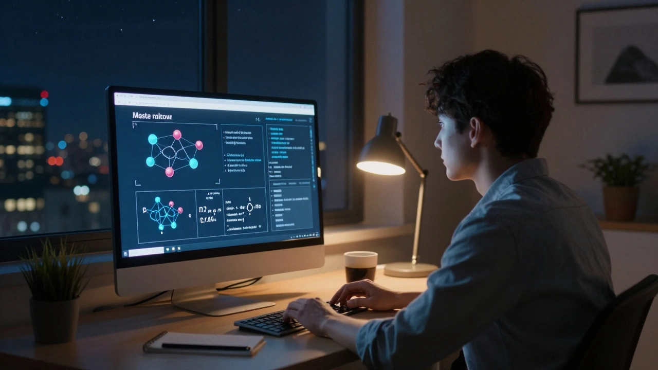 A student studying an online physics course at a desk in a dimly lit room at night.