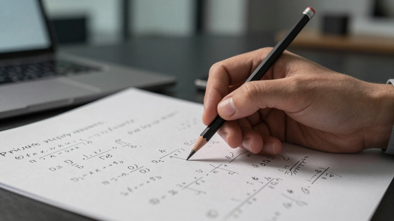 Close-up of a hand writing complex equations on a piece of paper.