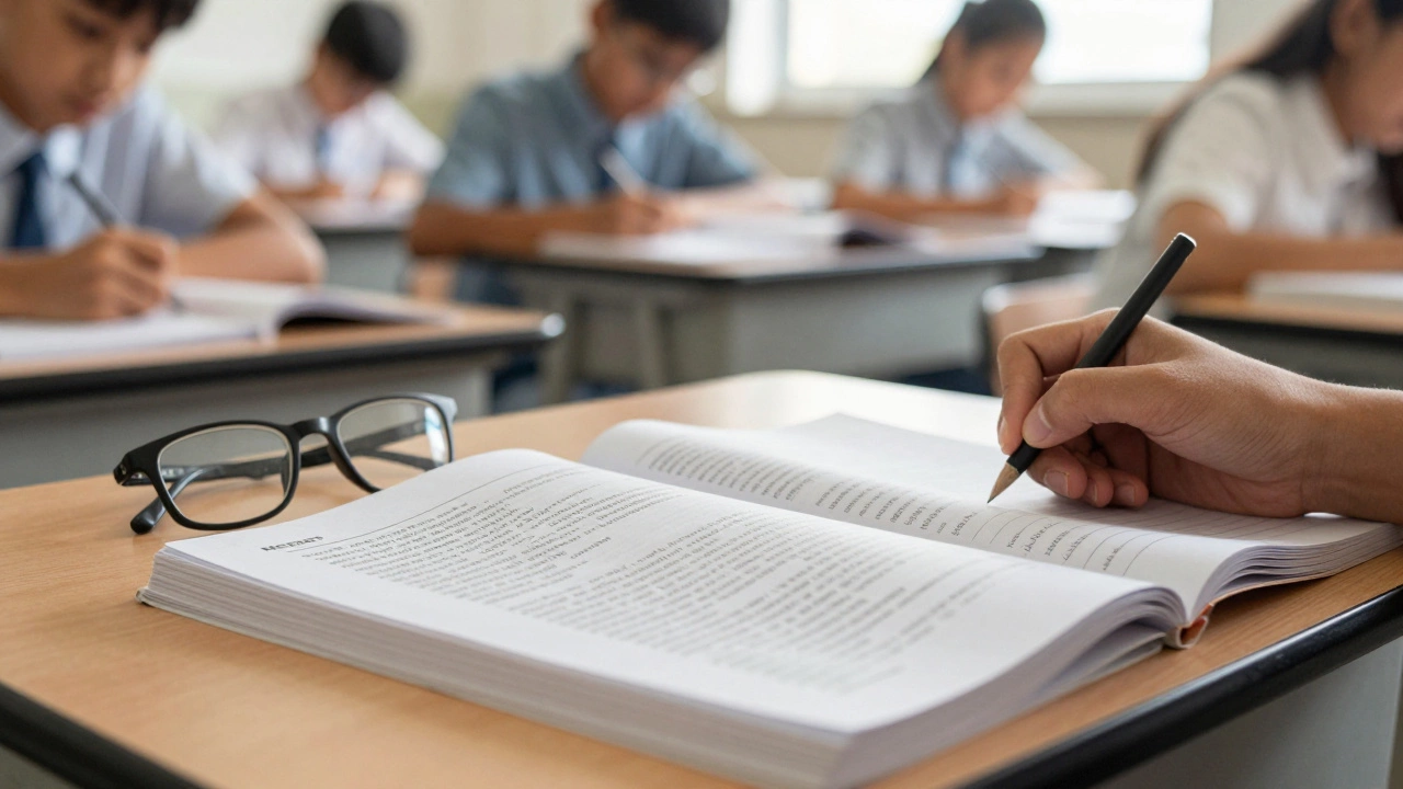 Close-up of an NCERT textbook and student notes on a classroom desk
