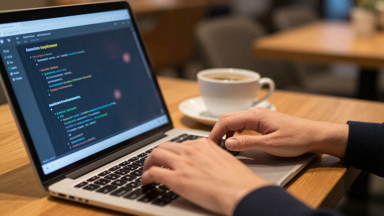 Close-up of hands coding on a laptop with an AI tutor visible on a nearby tablet.