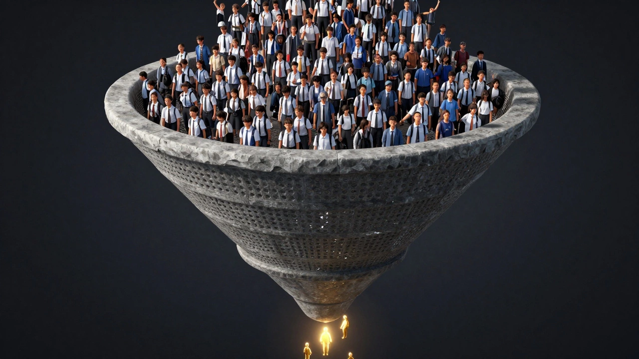 Conceptual art of a giant sieve filtering a crowd of students into a few successful candidates.