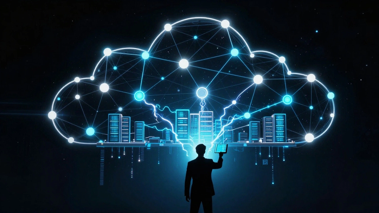 Abstract digital art of glowing cloud computing networks and a holographic map