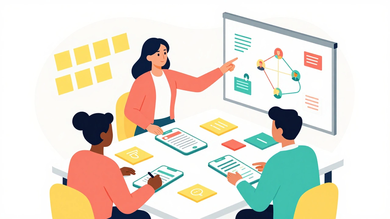 Colorful vector illustration of a team collaborating on UX design wireframes