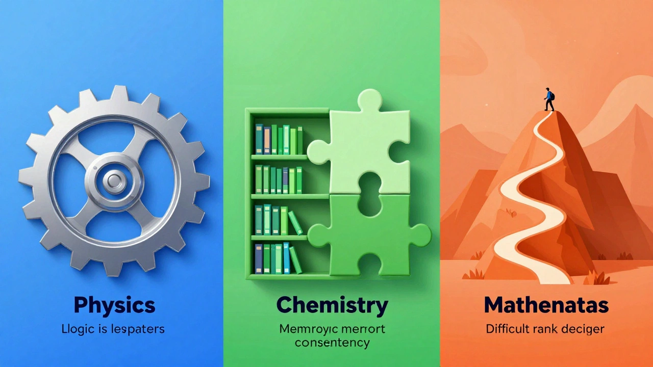 Conceptual art showing gears, puzzles, and a mountain for JEE subjects