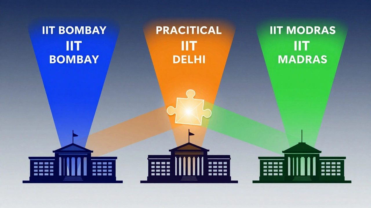 Conceptual art showing IITs influencing exam styles with colored lights.