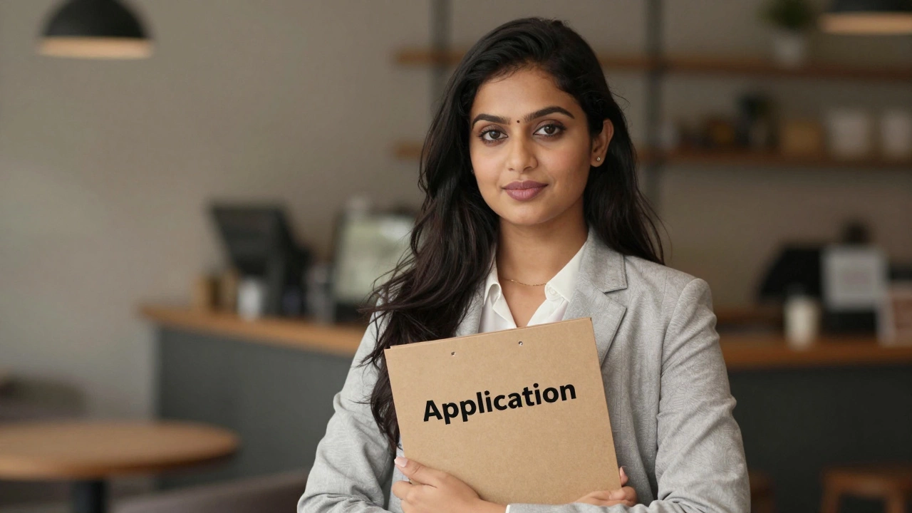 Confident Indian woman holding scholarship application folder