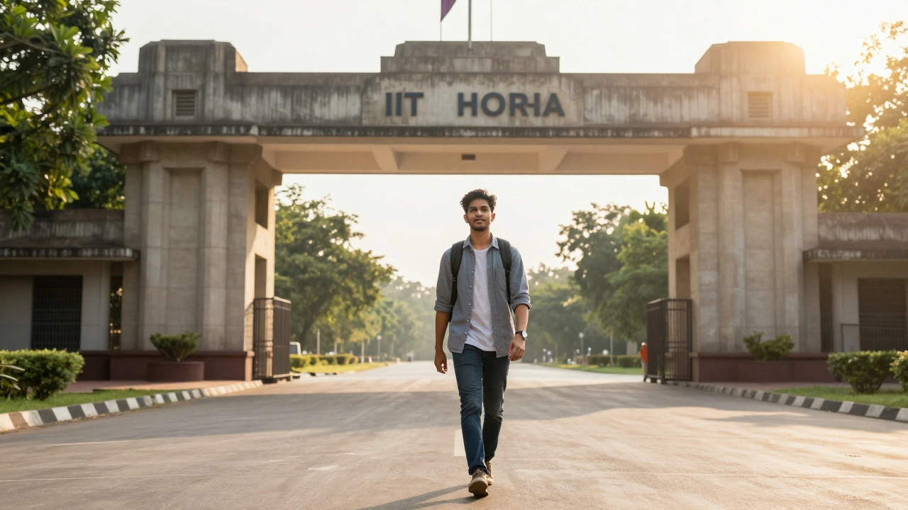 Confident student walking towards the IIT Bombay campus gates