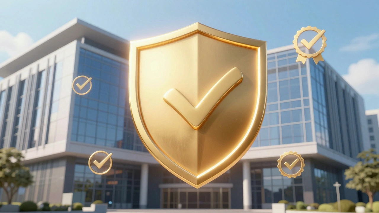 Digital illustration of a university building with a glowing accreditation seal