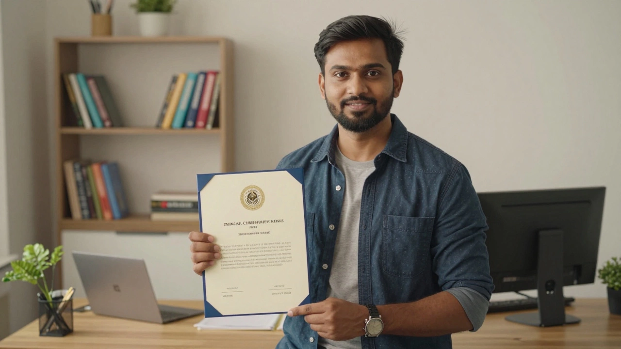 Graduate holding a standard diploma in a home office setting