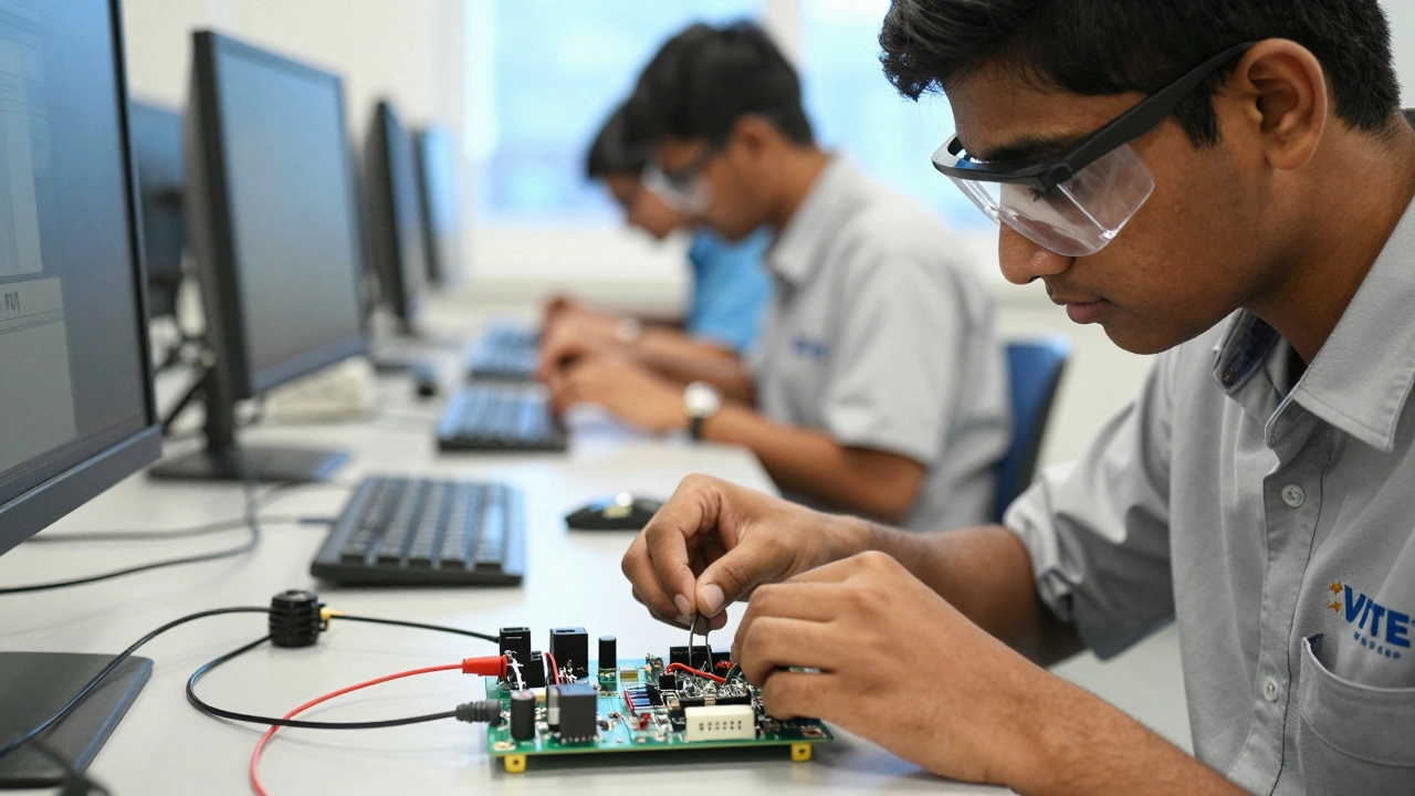 Indian student focused on wiring circuit board in bright modern lab