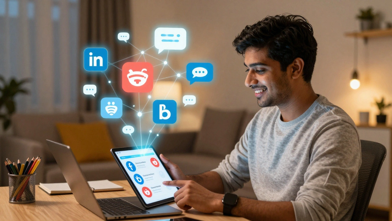 Person engaging with online communities on a tablet in a cozy room.