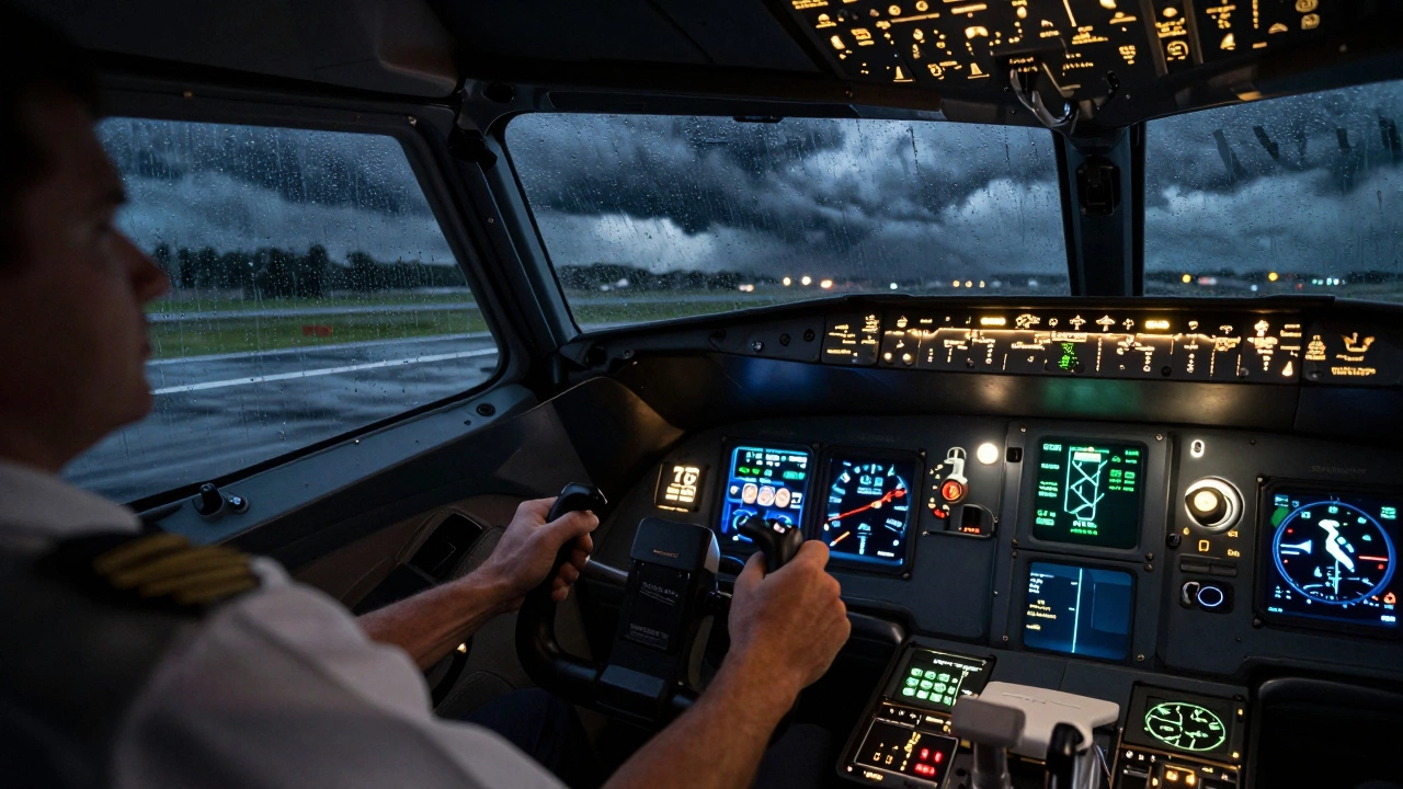 Pilot managing cockpit instruments during a stormy night flight simulation