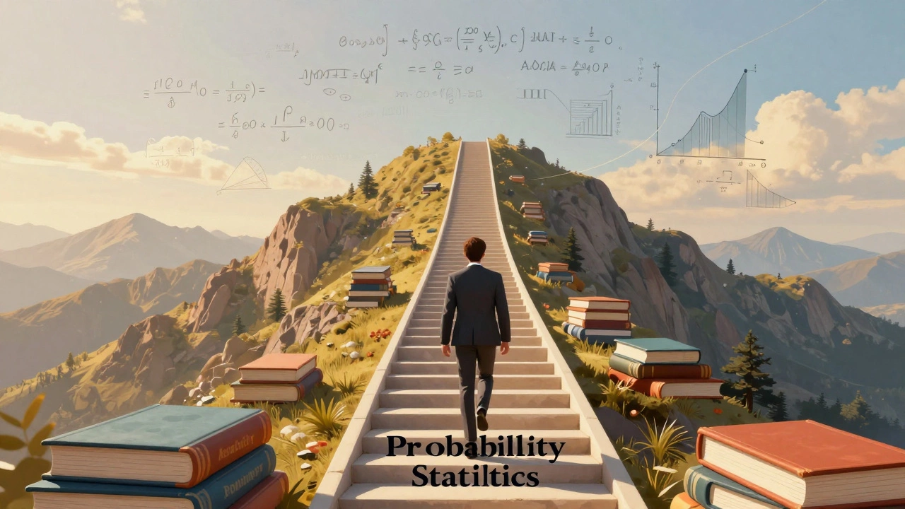 Professional climbing a staircase of books towards distant math symbols