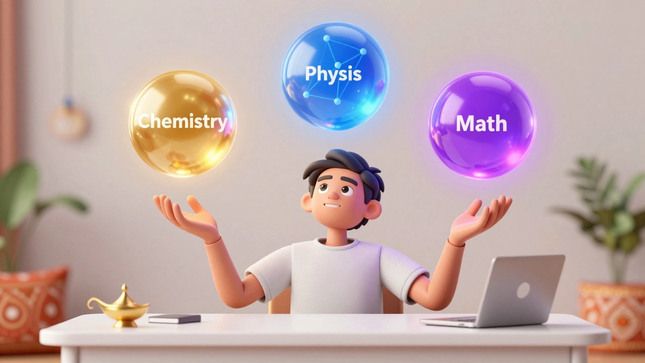Student balancing three glowing orbs representing Physics, Chem, and Math