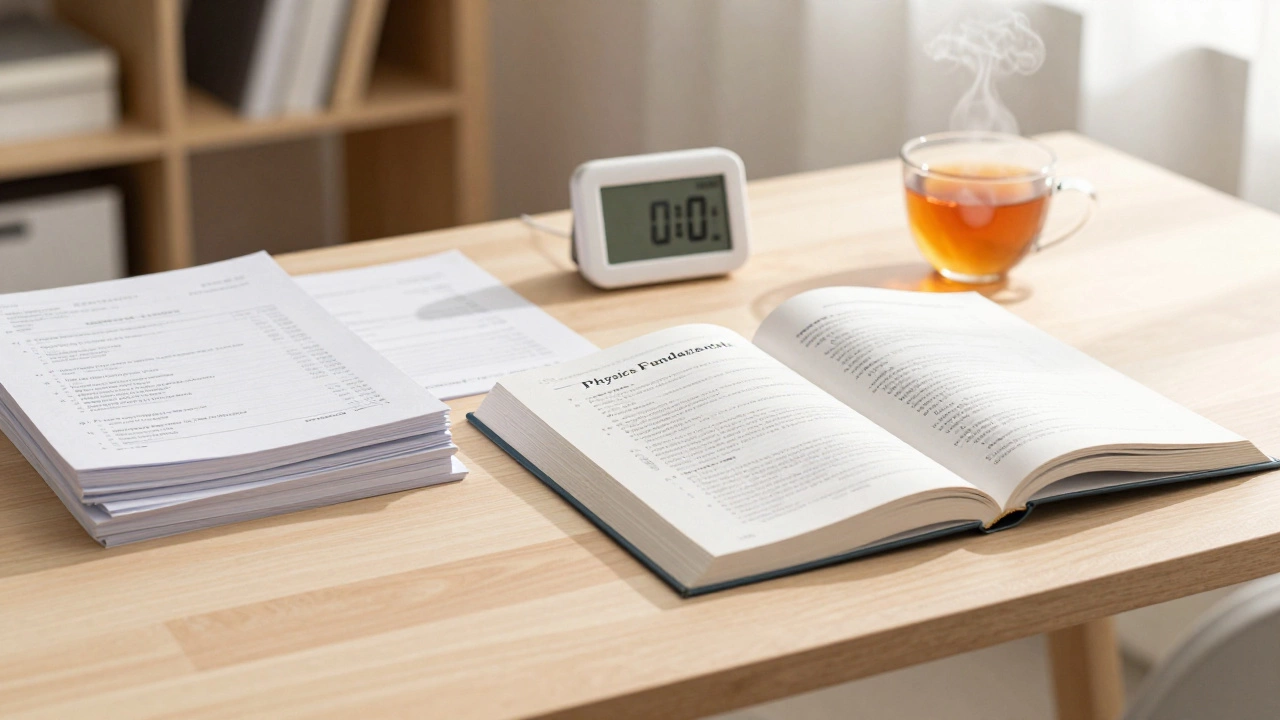 Study desk with textbooks and timer showing calm exam preparation.