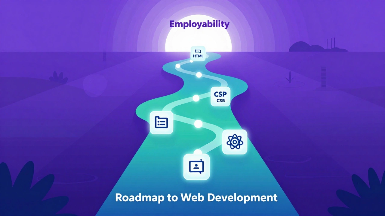 Abstract roadmap showing progression from basic web skills to employability