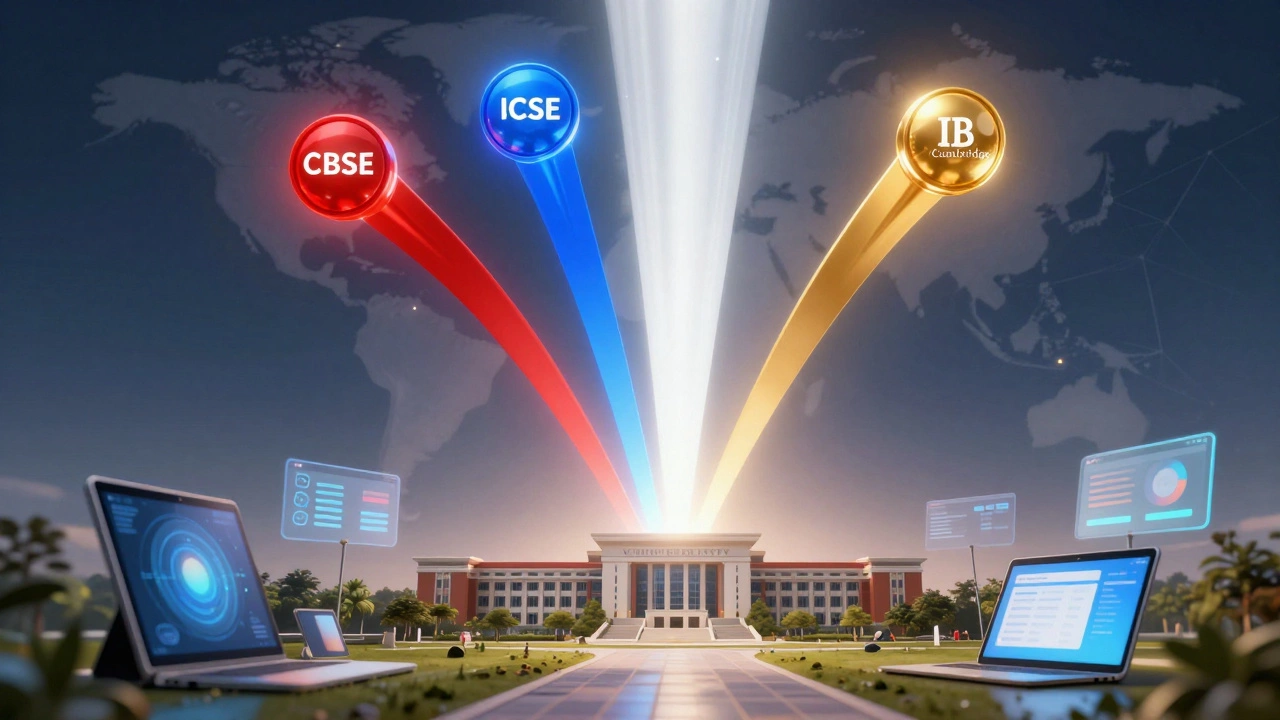 Abstract streams of light merging to represent converging educational boards