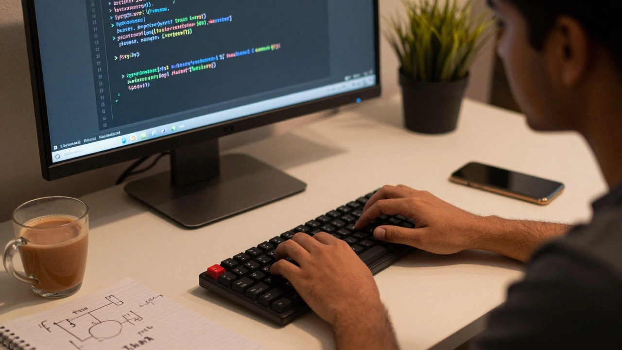 Beginner typing code at home, surrounded by logic notes and chai, learning programming.