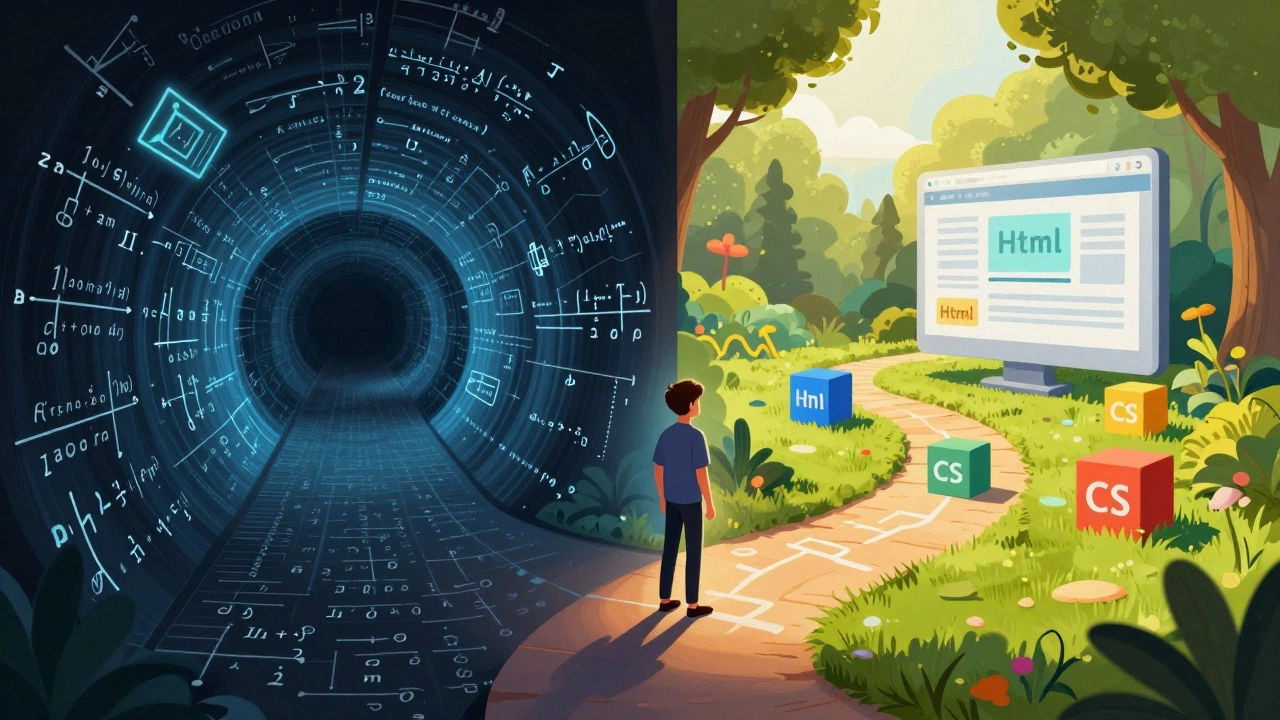 Illustration contrasting complex math path with easy web development path for beginners.