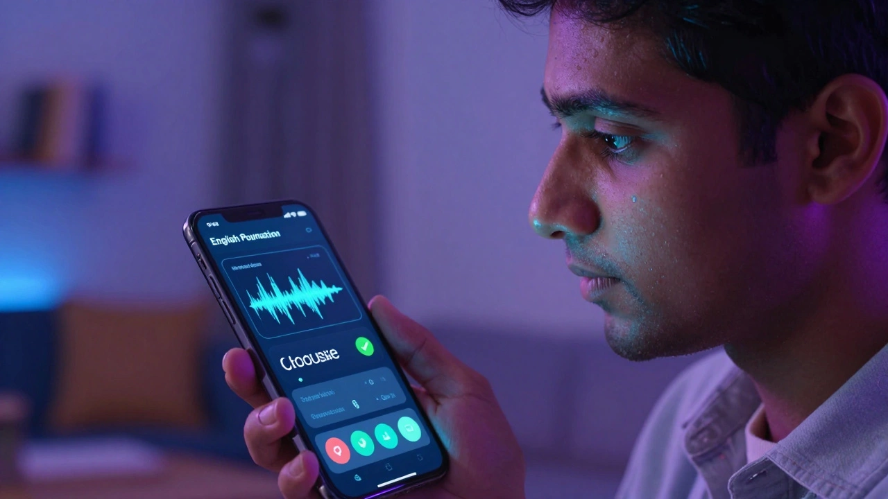 Indian professional using AI app for pronunciation feedback