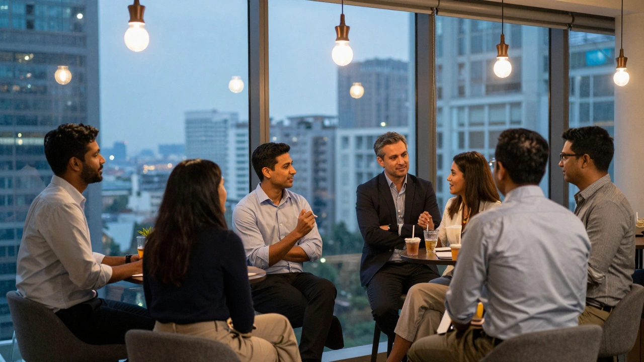 Professionals networking in a high-rise office lounge with city view