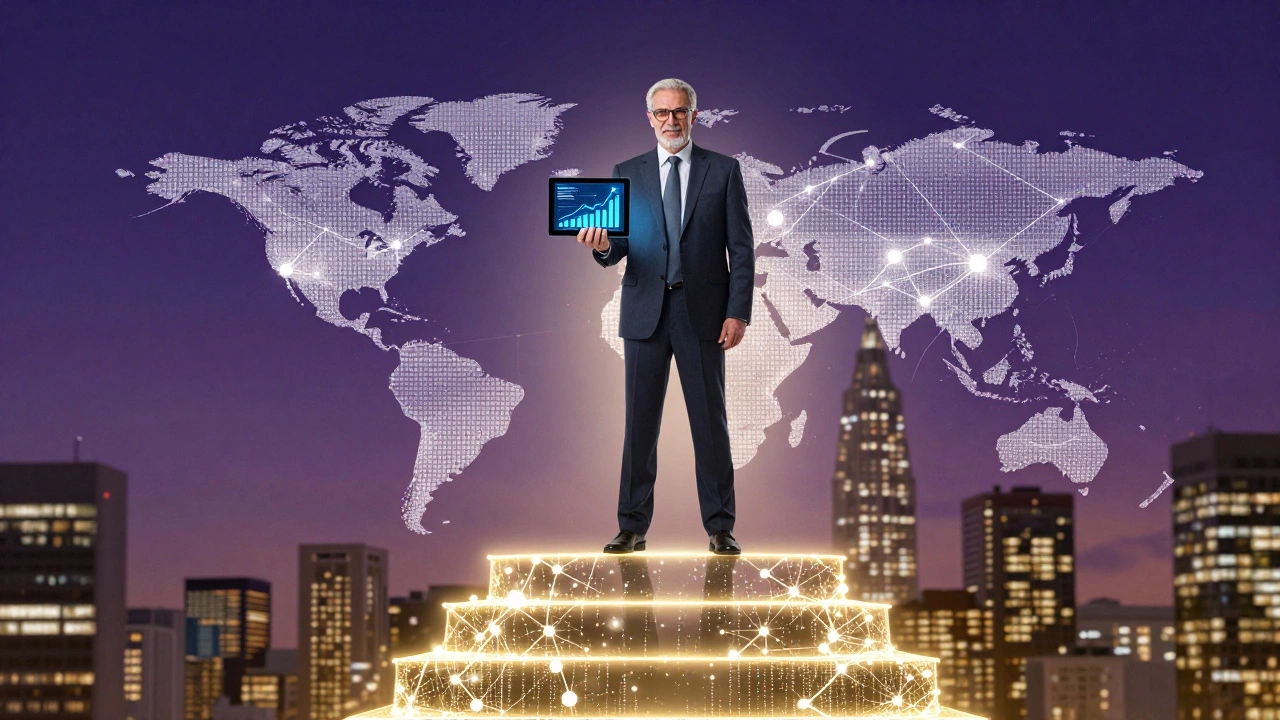 Senior executive standing on a glowing staircase against a futuristic skyline.