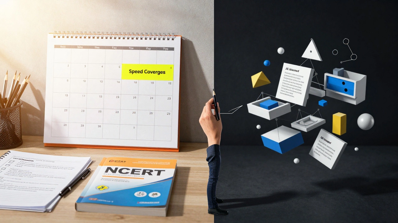 Split scene contrasting broad study strategy with deep conceptual focus