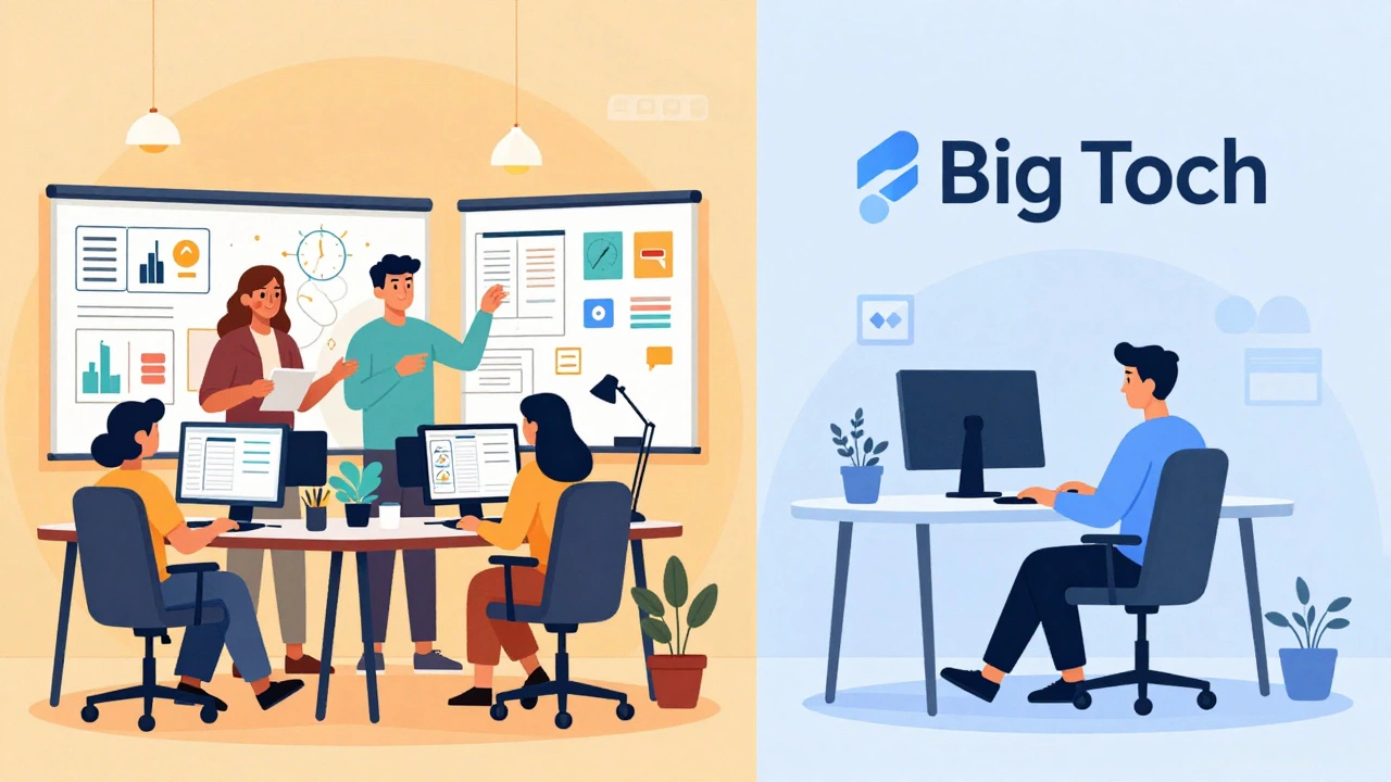Split view contrasting chaotic startup office with calm remote work setup