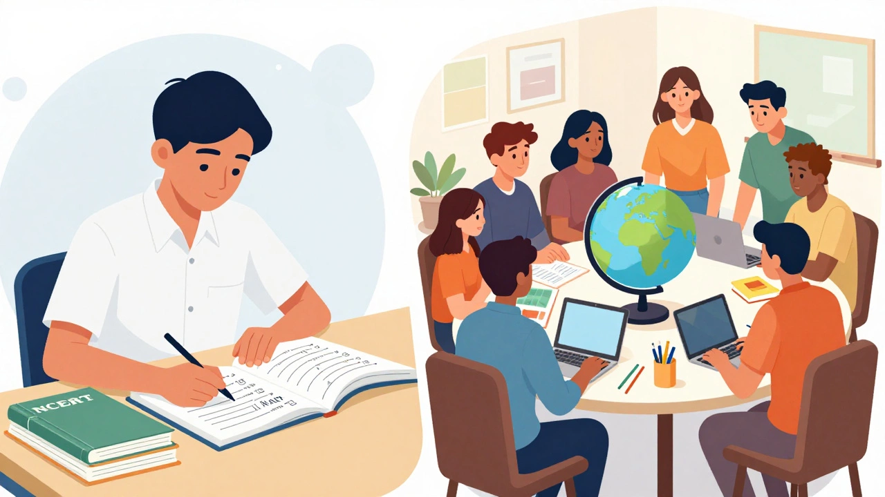 Split view contrasting exam-focused study with collaborative global learning