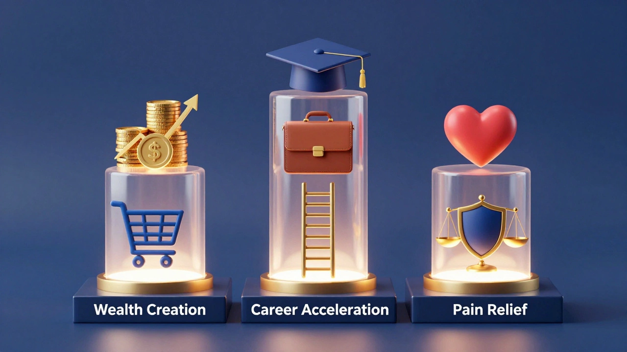 Three glowing pillars representing wealth, career, and health niches