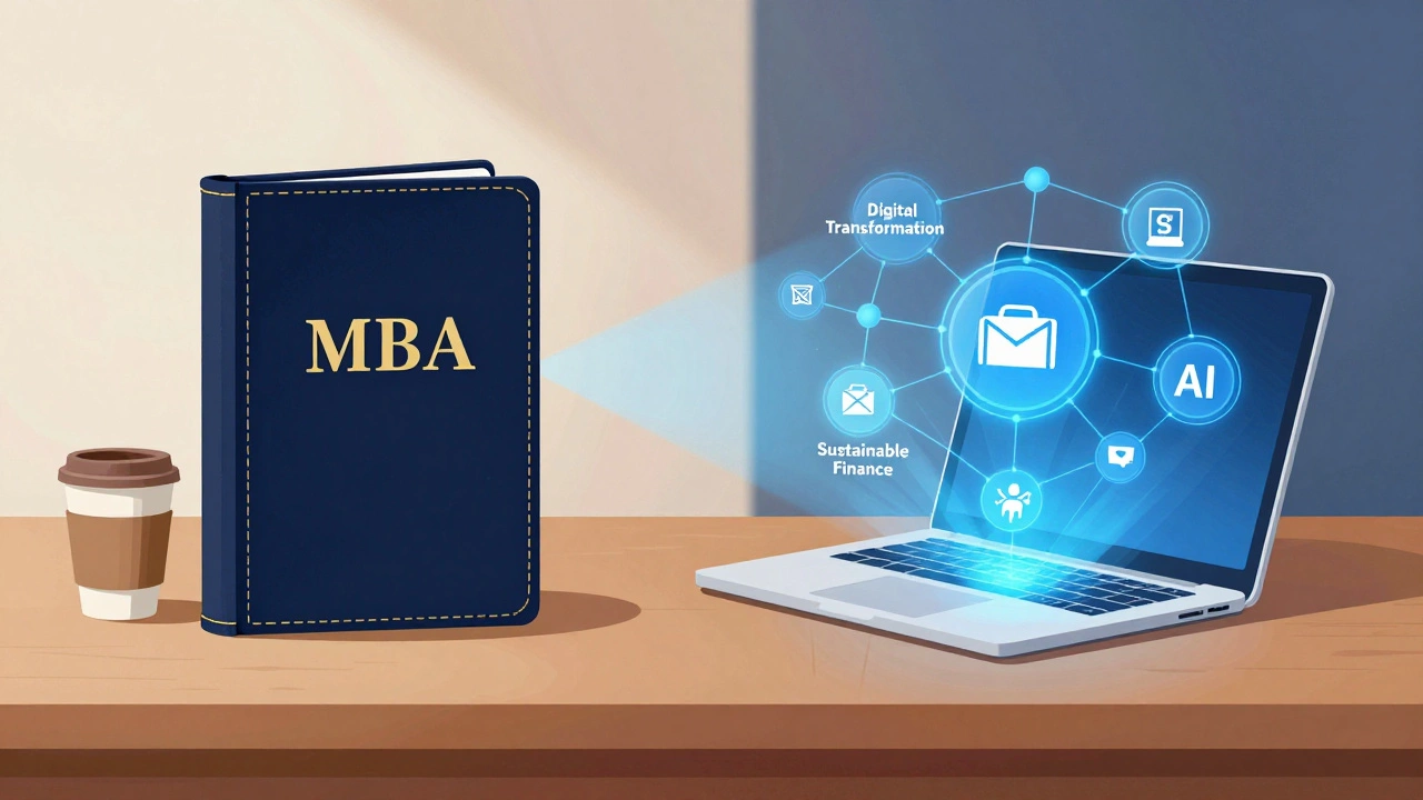 Visual metaphor showing traditional MBA diploma vs modern tech skills