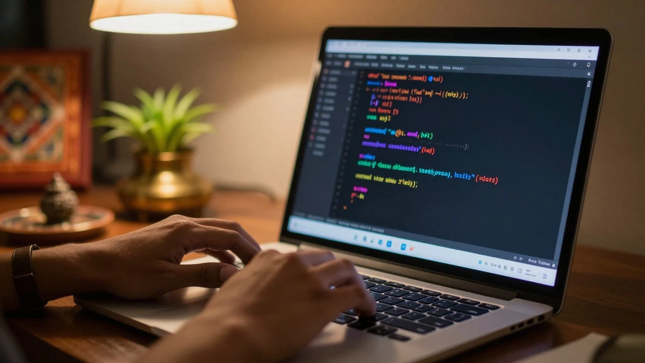 Close up of hands coding on a laptop in a warm, focused home study environment.