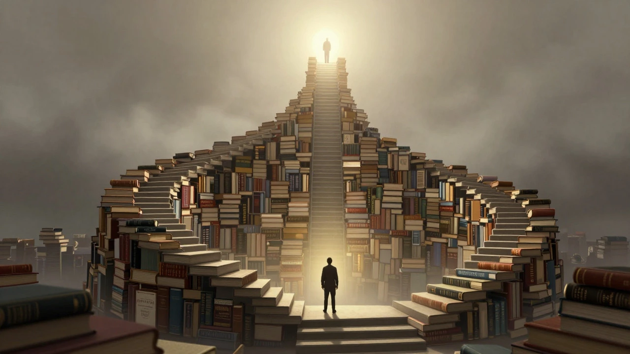 Lone climber facing endless stairs of books for civil services exam