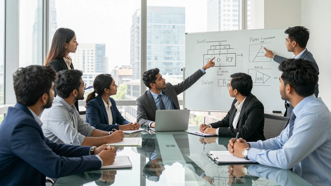 MBA students debating strategy cases in a modern conference room
