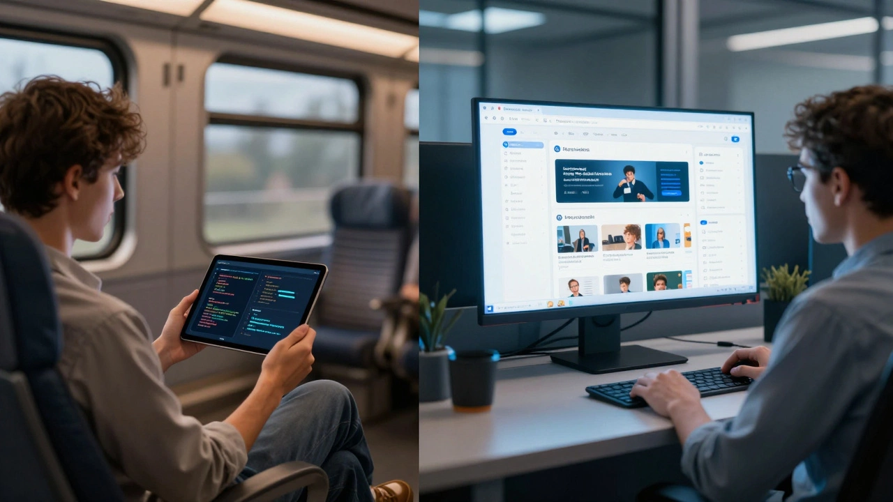 Split view comparing casual mobile app learning with formal desktop LMS usage