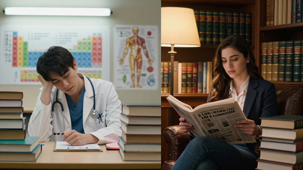 Split view of medical and law students studying differently