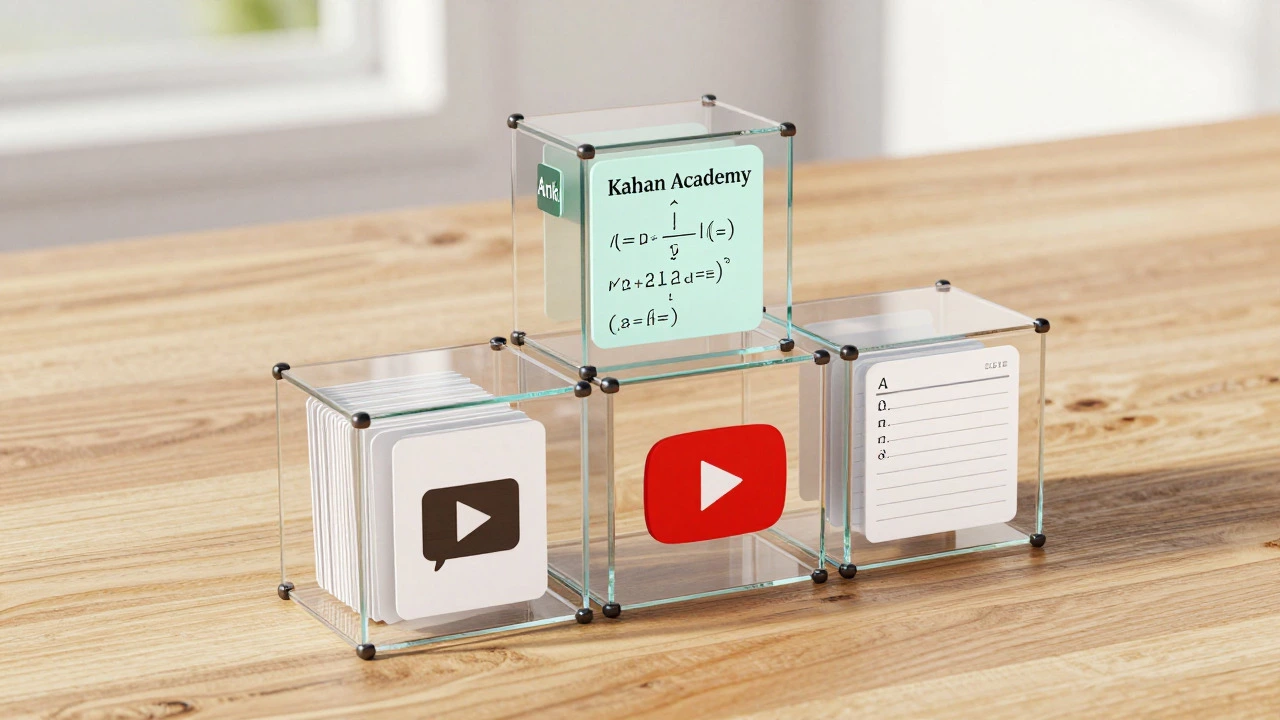 Transparent glass blocks forming a learning stack with flashcards, math, and video symbols.