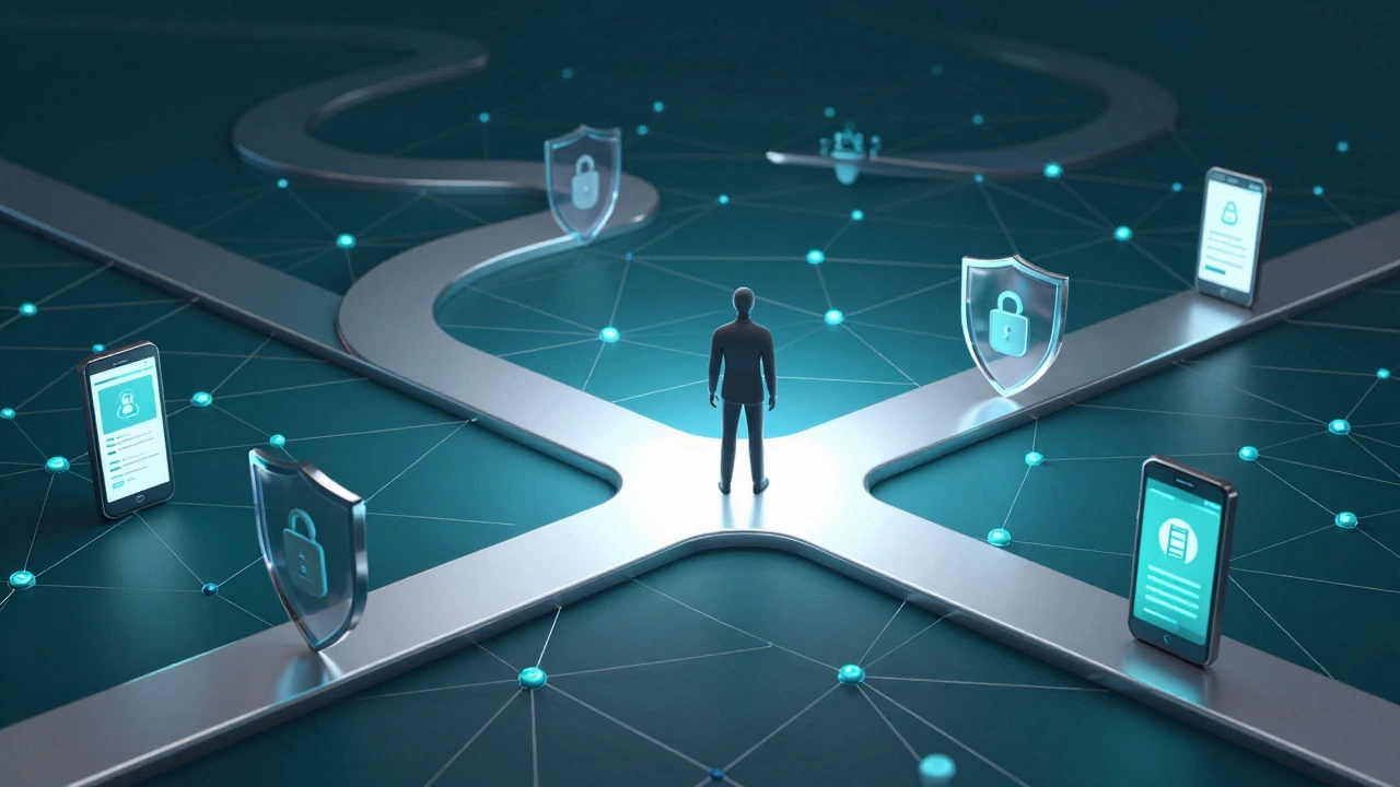 Abstract visualization of data paths forming a personalized learning route with security shields.