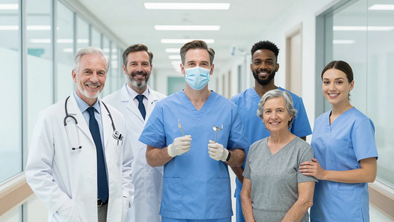Group of doctors, dentists, nurses, and physiotherapists standing together in hospital