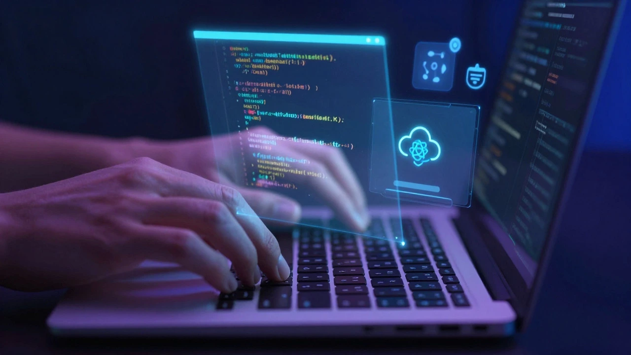 Hands typing code with holographic tech projections on screen