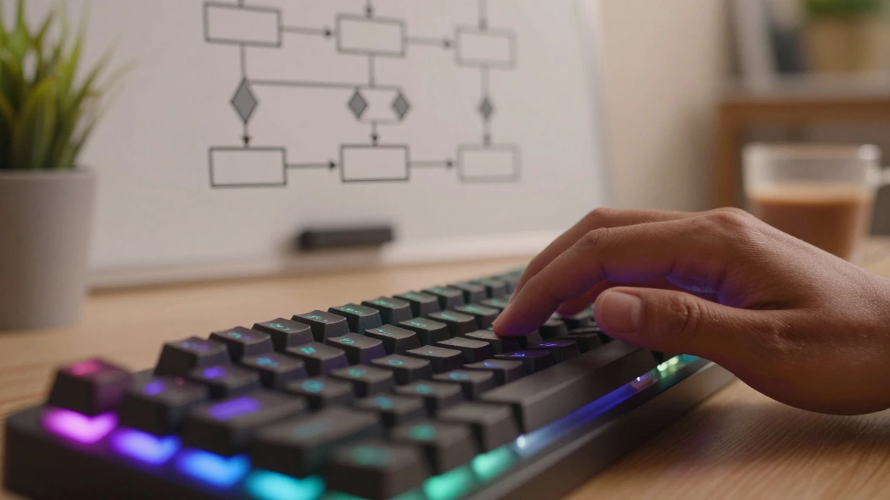 Hands typing on keyboard with flowchart in background