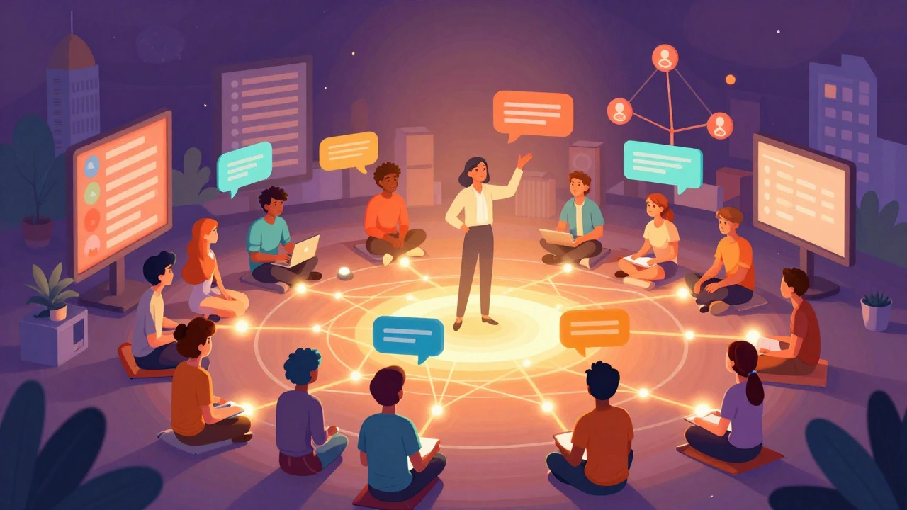 Illustration of diverse learners connected by glowing lines, representing active social learning and community.