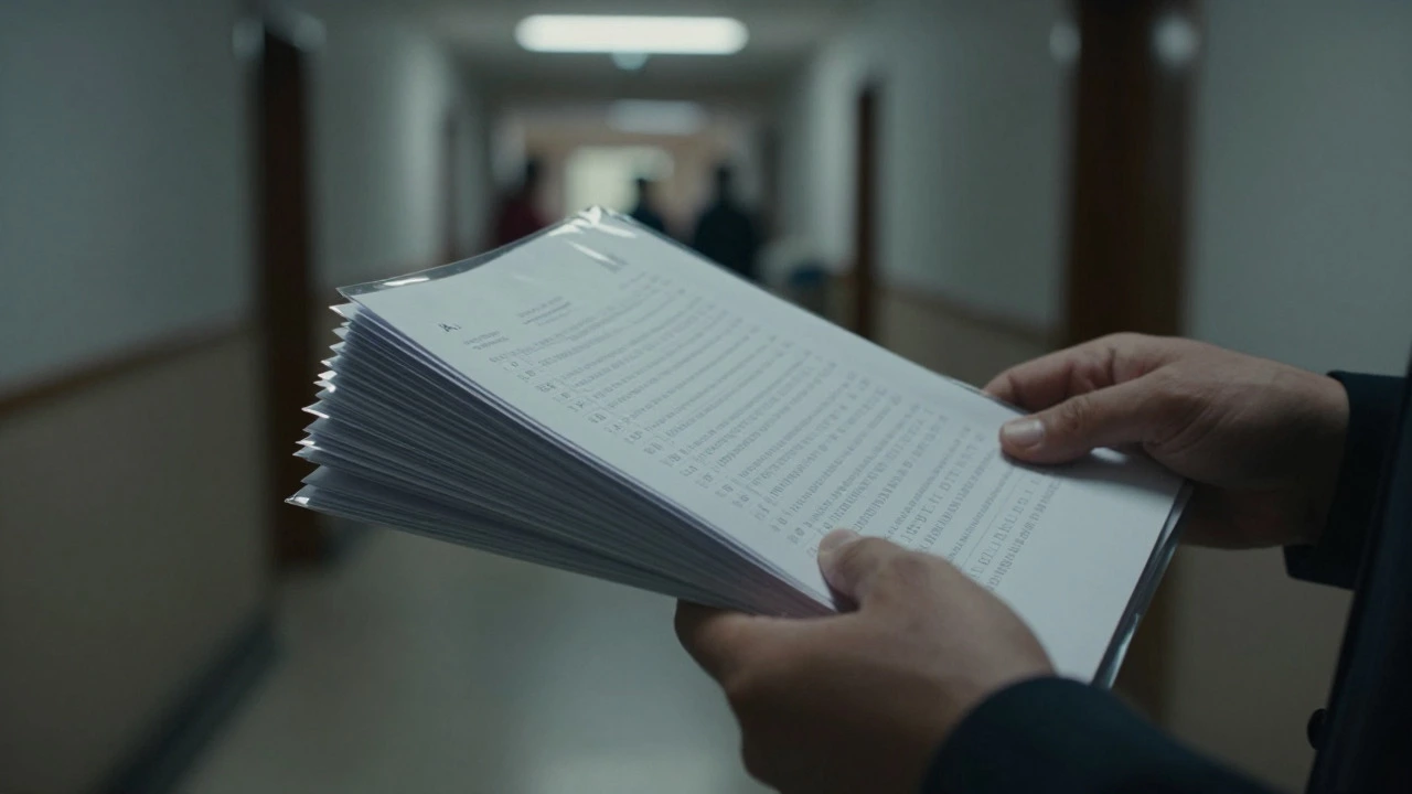 Invigilator holding sealed exam papers in a dim school corridor