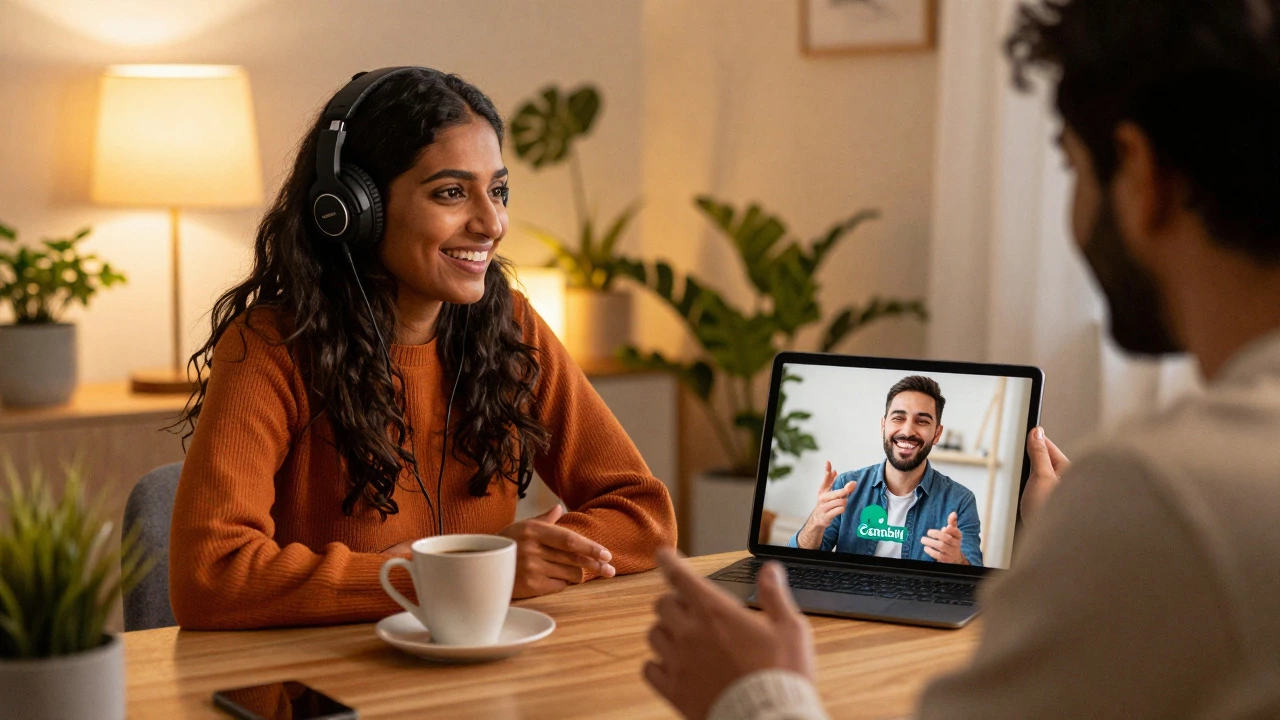 Two people having a relaxed video chat over coffee
