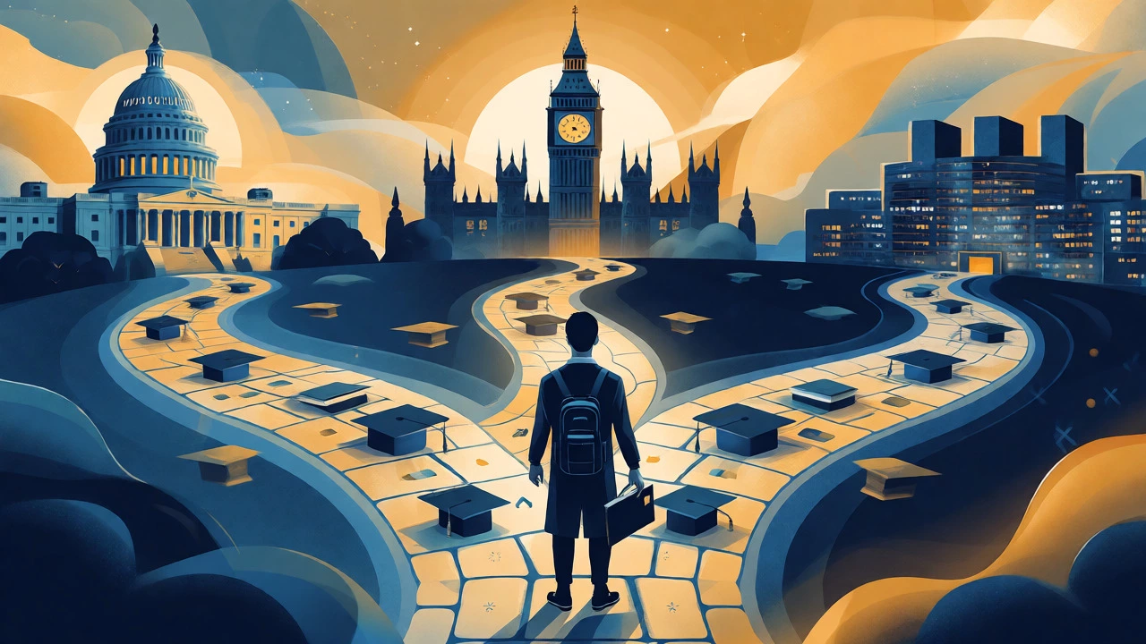 Conceptual art showing paths to US, UK, and EU scholarship destinations.