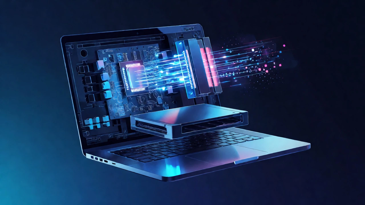 Exploded view of laptop internals showing glowing CPU, RAM, and SSD components