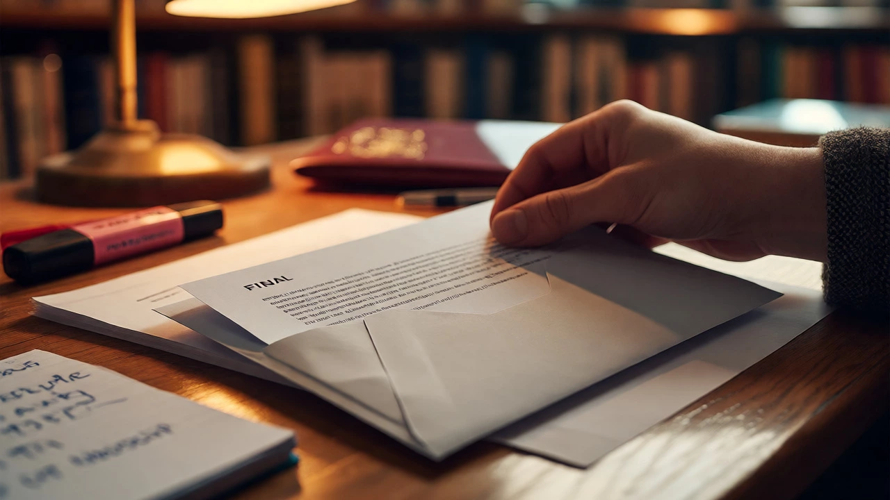 Hand placing an essay into an envelope on a library desk.