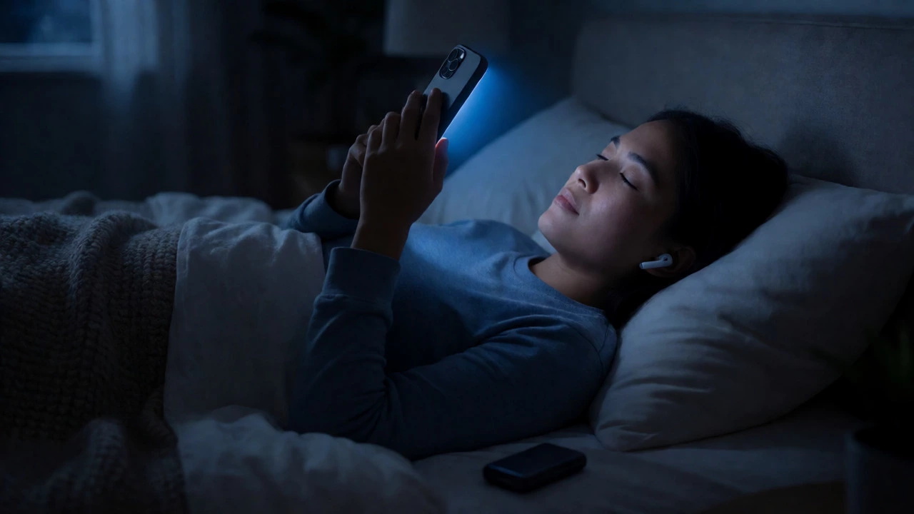 Person listening to an audio lesson on a phone while relaxing in bed