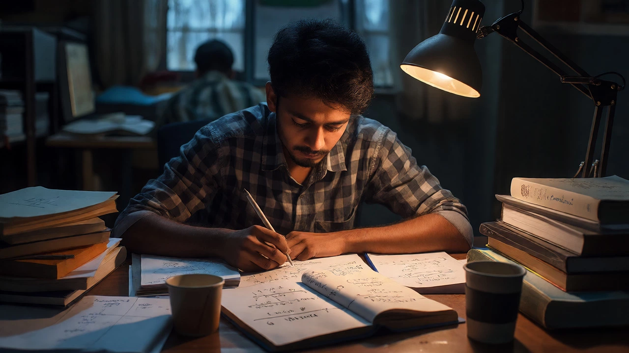 Student studying complex physics equations late at night