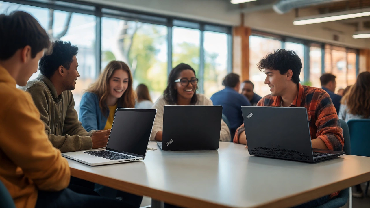 Students collaborating with different laptop models in a bright modern workspace